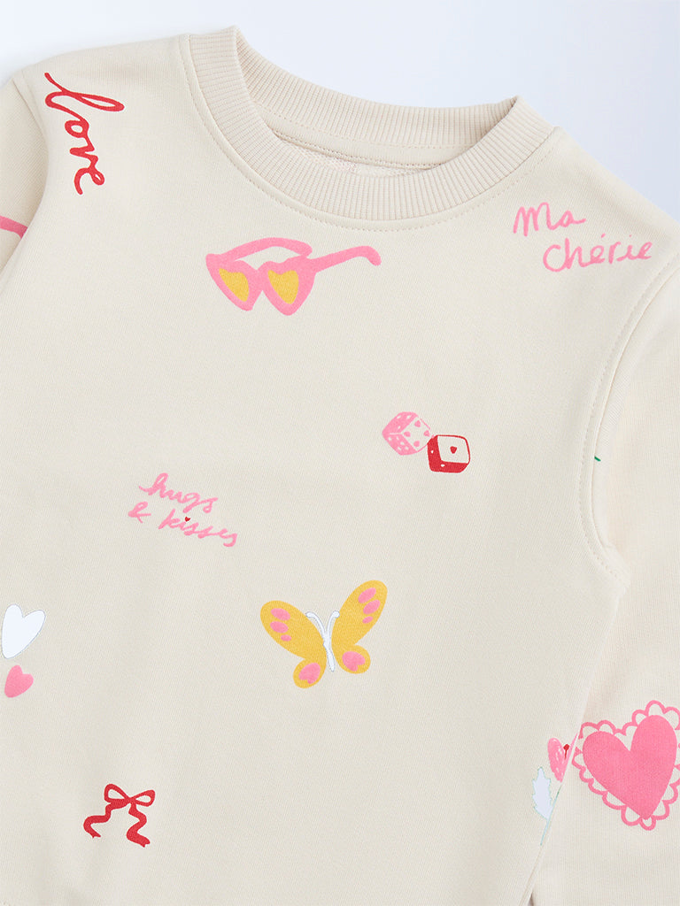 HOP Kids Light Beige Printed Cotton-Blend Sweatshirt