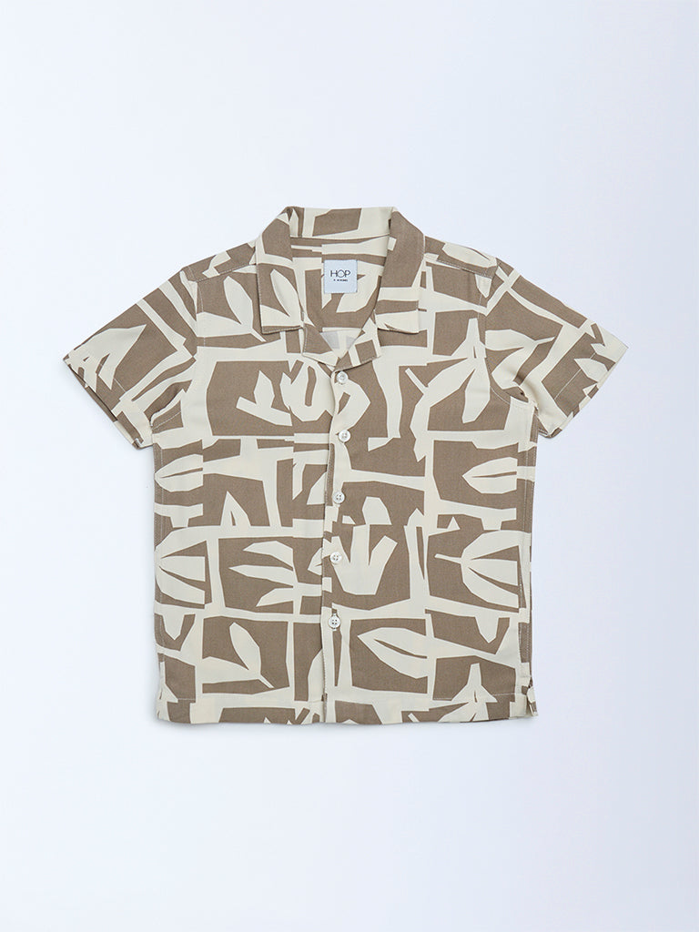 HOP Kids Brown Abstract Printed Resort-Fit Shirt