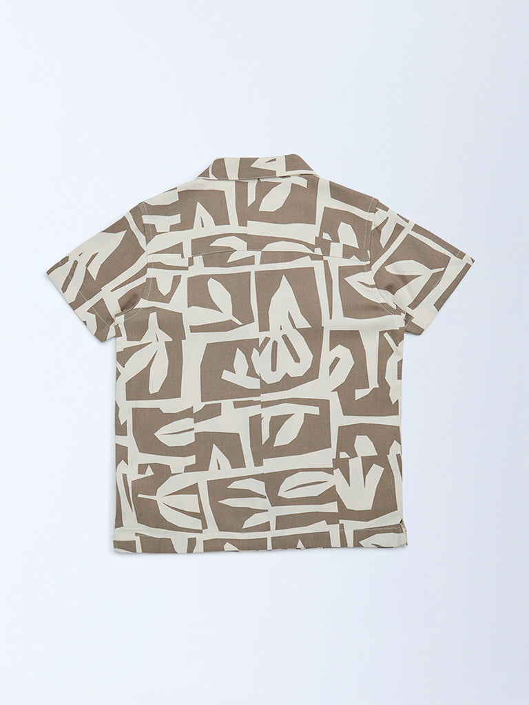 HOP Kids Brown Abstract Printed Resort-Fit Shirt