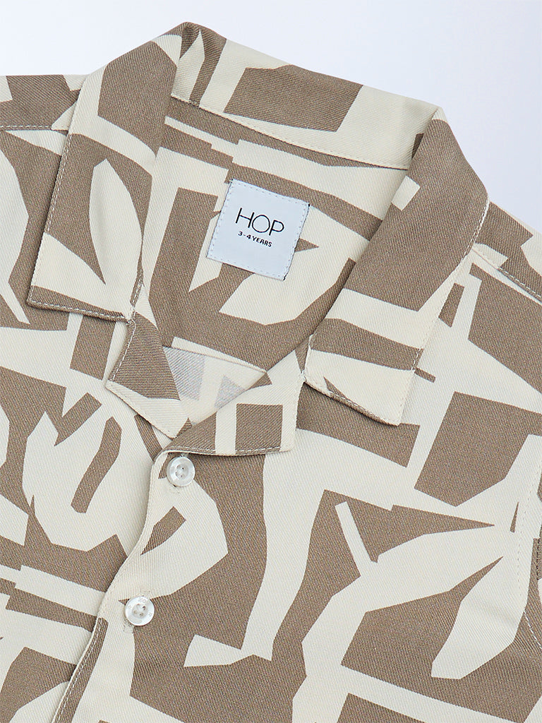 HOP Kids Brown Abstract Printed Resort-Fit Shirt