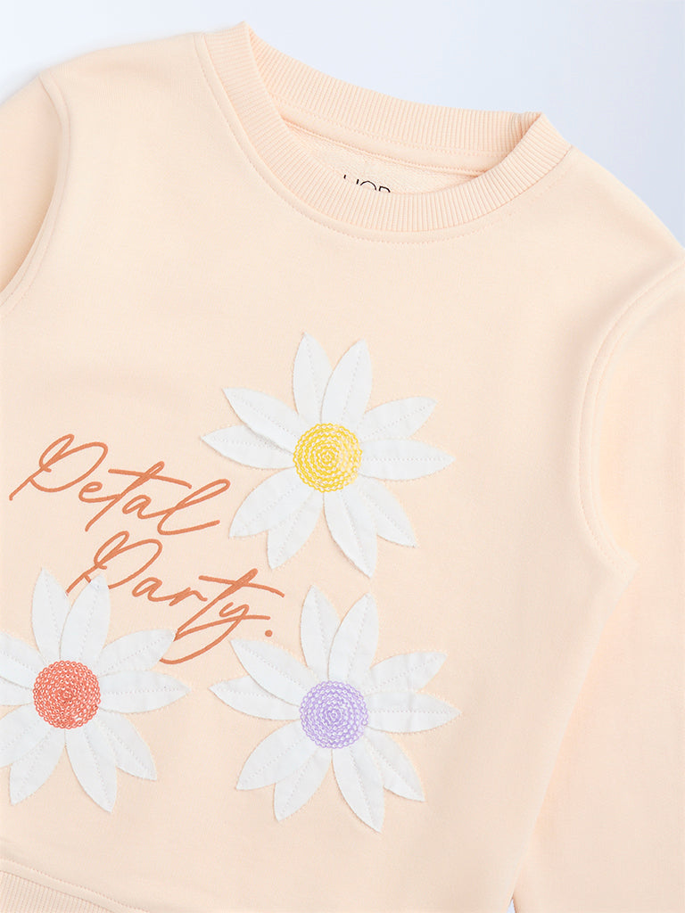 HOP Kids Peach Floral Embroidered Cotton-Blend Sweatshirt