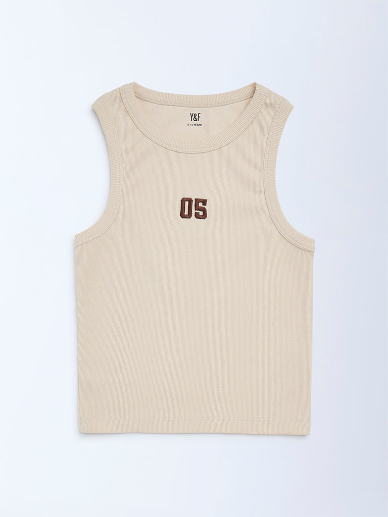 Y&F Kids Beige Ribbed-Textured Cotton-Blend Tank Top
