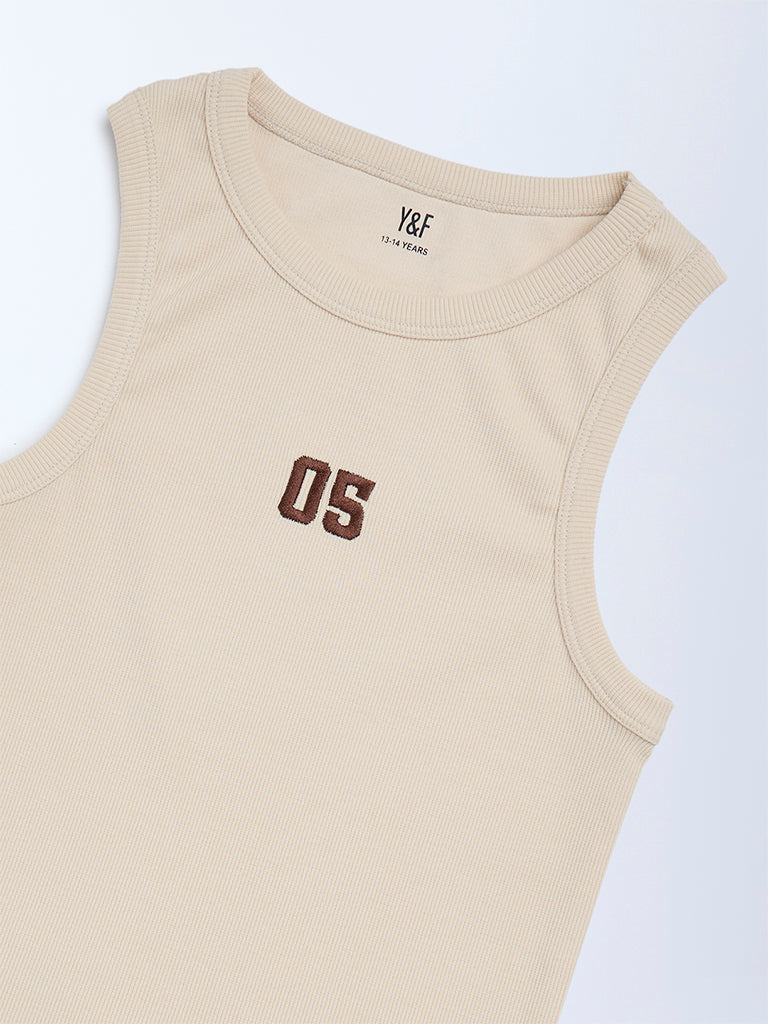 Y&F Kids Beige Ribbed-Textured Cotton-Blend Tank Top