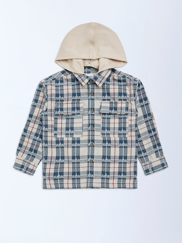 HOP Kids Beige Checks Pattern Hooded Cotton Shirt