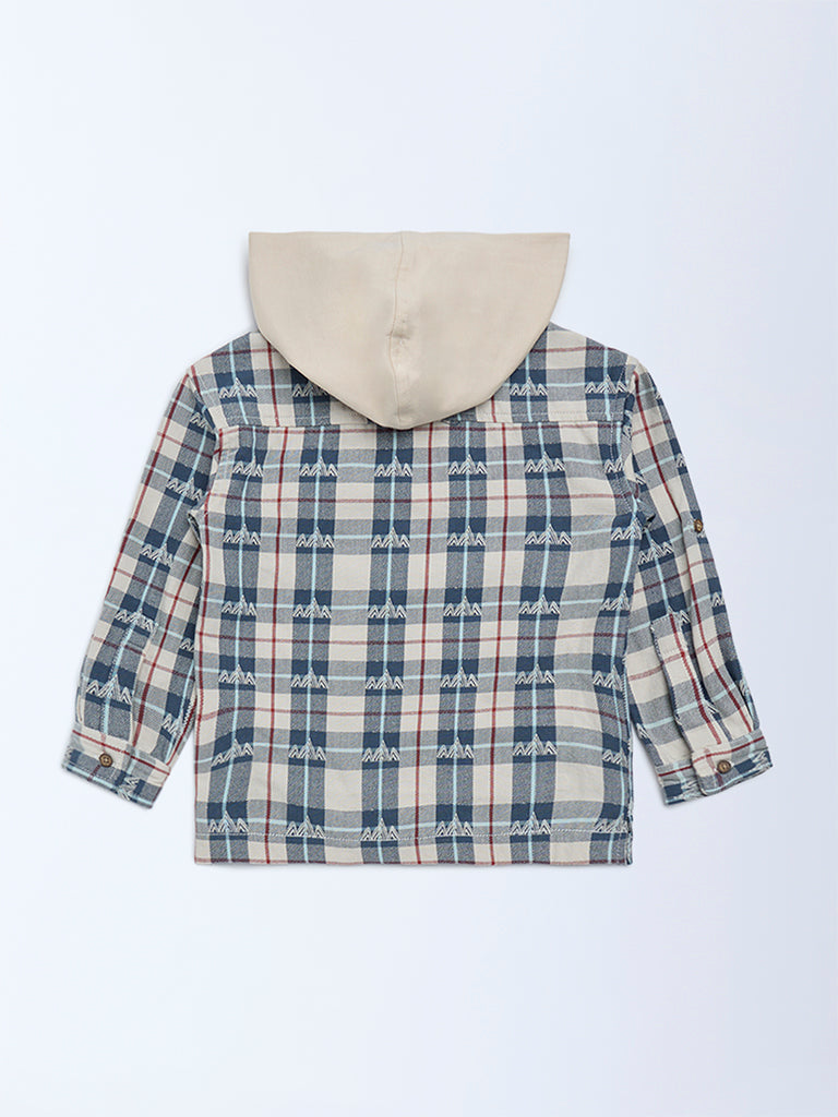 HOP Kids Beige Checks Pattern Hooded Cotton Shirt