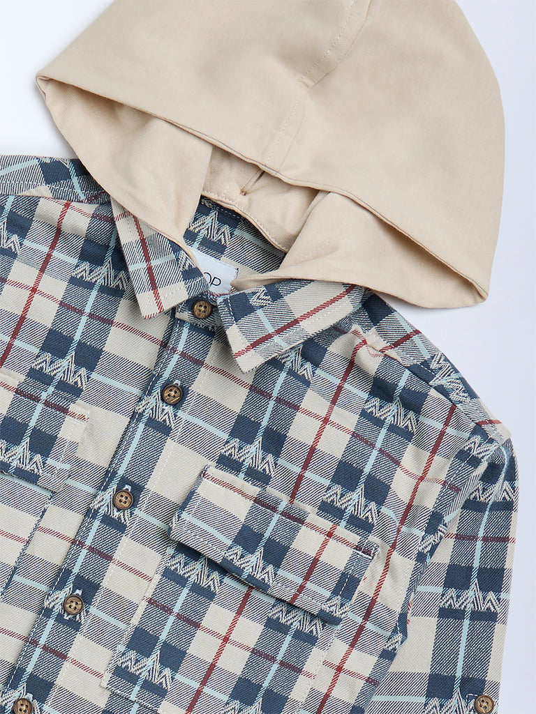 HOP Kids Beige Checks Pattern Hooded Cotton Shirt