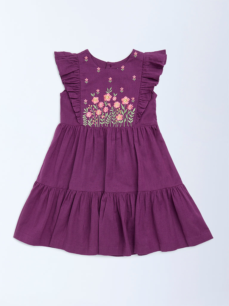 Utsa Kids Purple Floral Embroidered Tiered Cotton-Blend Dress - (2-8 yrs)