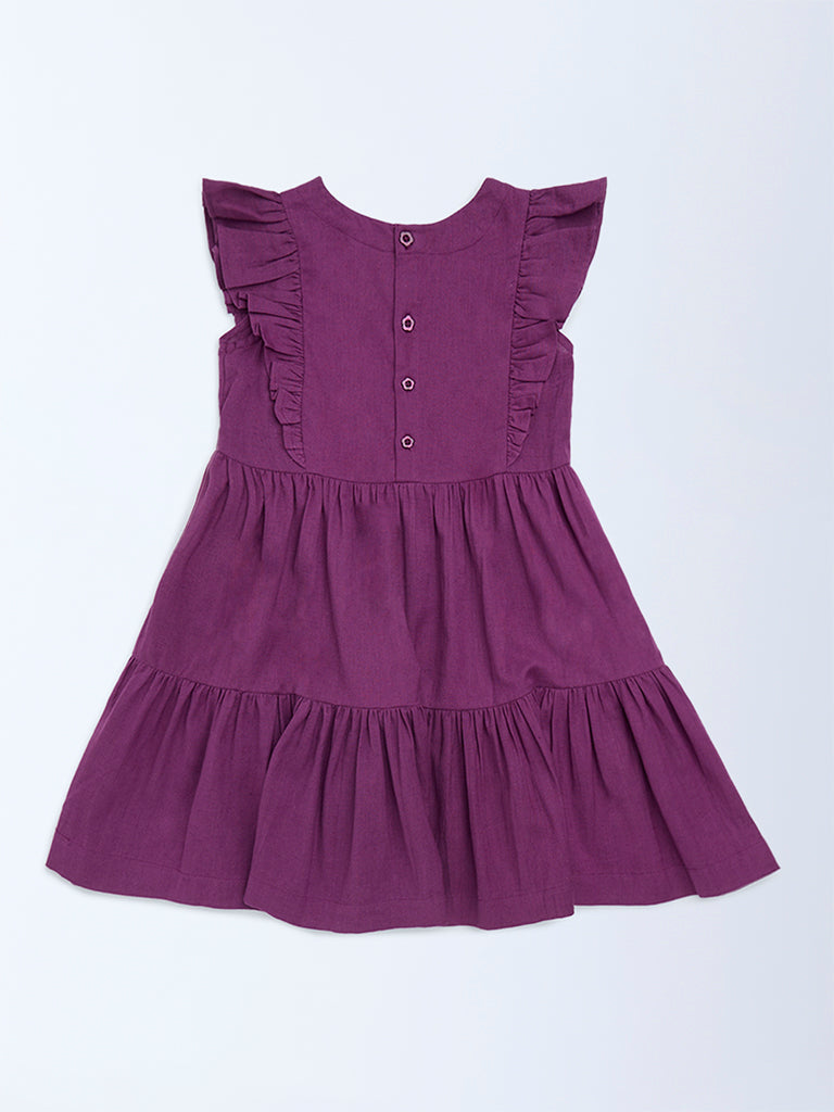 Utsa Kids Purple Floral Embroidered Tiered Cotton-Blend Dress - (2-8 yrs)