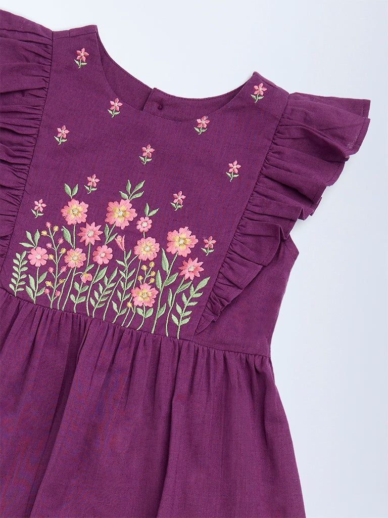 Utsa Kids Purple Floral Embroidered Tiered Cotton-Blend Dress - (2-8 yrs)