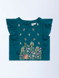 Utsa Kids Teal Floral Embroidered Cotton-Blend Top - (2-8 yrs)