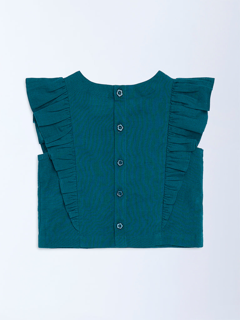 Utsa Kids Teal Floral Embroidered Cotton-Blend Top - (2-8 yrs)