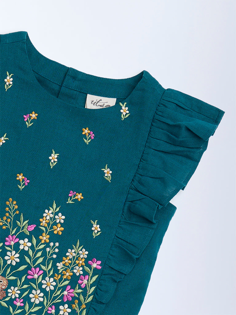 Utsa Kids Teal Floral Embroidered Cotton-Blend Top - (2-8 yrs)