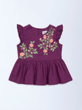 Utsa Kids Purple Floral Embroidered Cotton-Blend Peplum Top (2-8 years)
