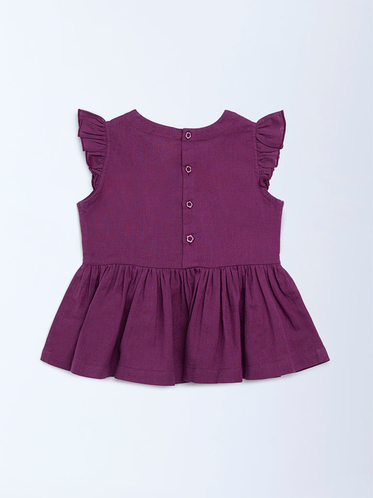 Utsa Kids Purple Floral Embroidered Cotton-Blend Peplum Top (2-8 years)