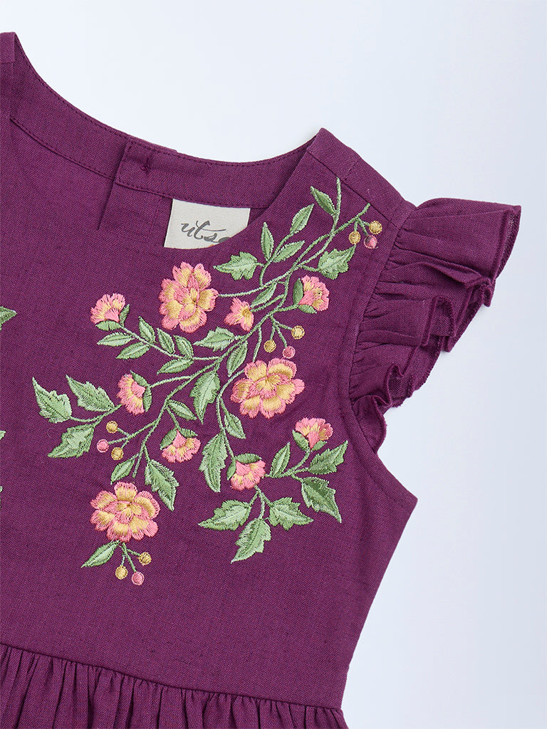 Utsa Kids Purple Floral Embroidered Cotton-Blend Peplum Top (2-8 years)