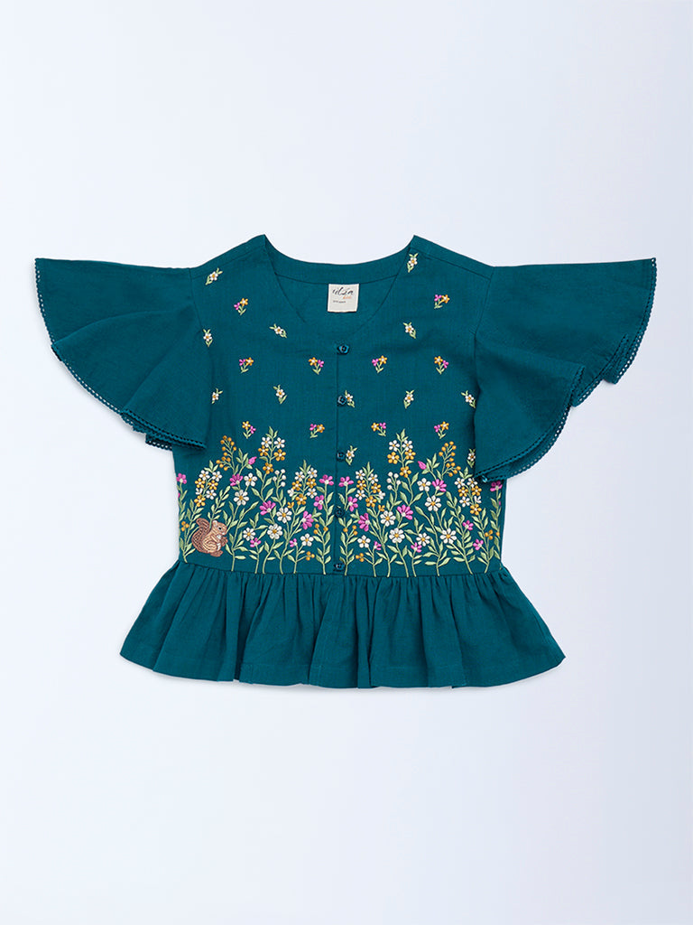Utsa Kids Teal Floral Embroidered Peplum Cotton-Blend Top - (8-14 yrs)