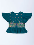 Utsa Kids Teal Floral Embroidered Peplum Cotton-Blend Top - (8-14 yrs)