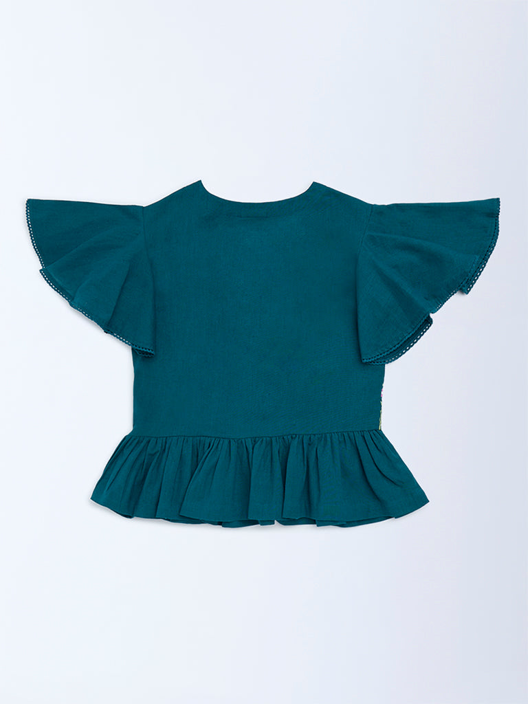 Utsa Kids Teal Floral Embroidered Peplum Cotton-Blend Top - (8-14 yrs)