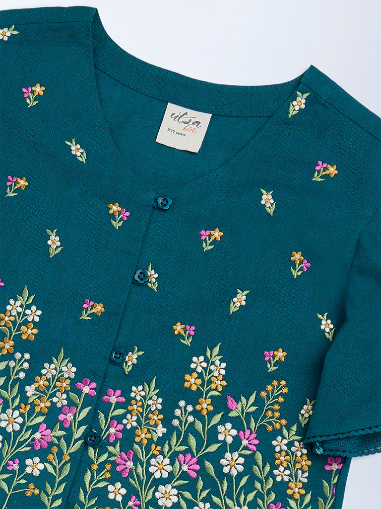 Utsa Kids Teal Floral Embroidered Peplum Cotton-Blend Top - (8-14 yrs)
