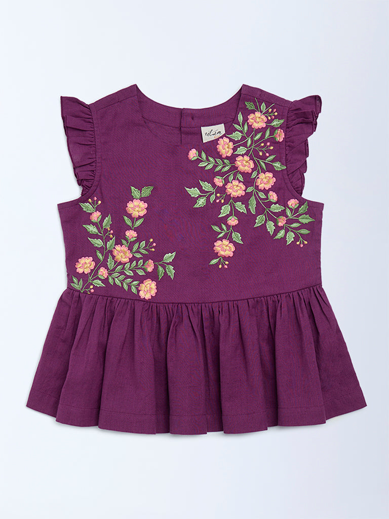 Utsa Kids Purple Floral Embroidered Cotton-Blend Peplum Top (8-14 years)
