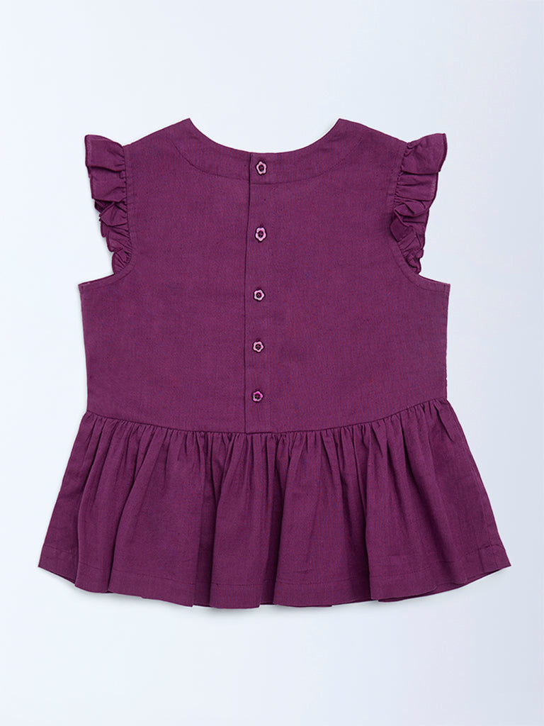 Utsa Kids Purple Floral Embroidered Cotton-Blend Peplum Top (8-14 years)