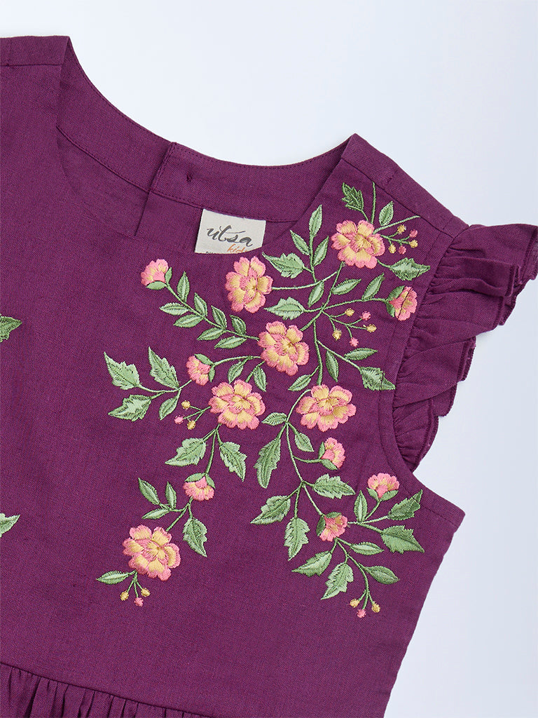 Utsa Kids Purple Floral Embroidered Cotton-Blend Peplum Top (8-14 years)