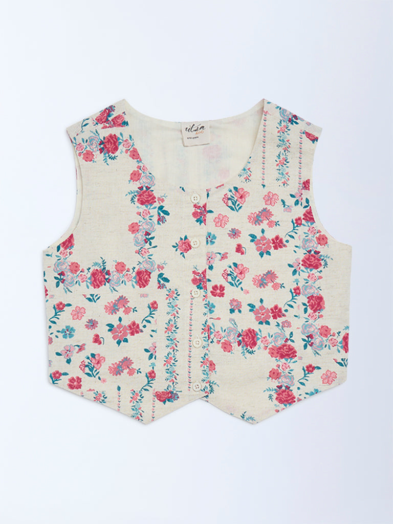 Utsa Kids Off-White Floral Cotton-Blend Waistcoat - (8-14 yrs)