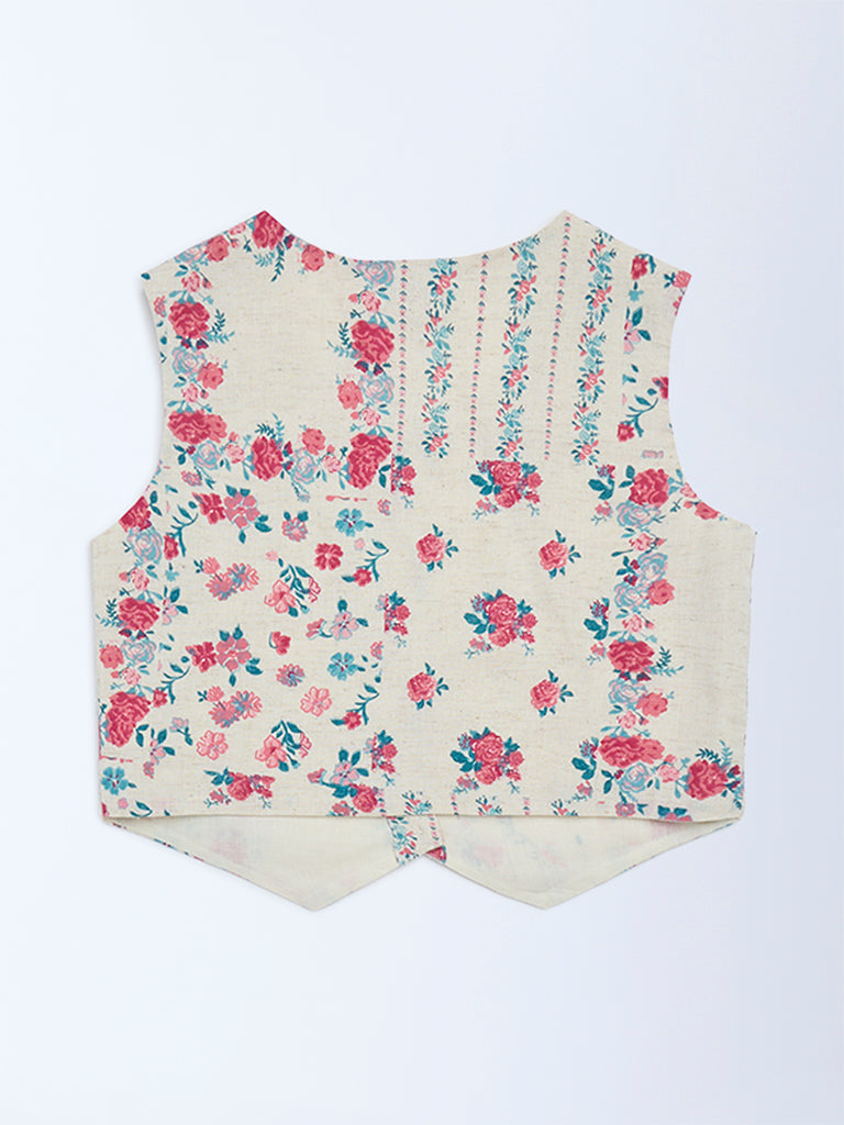 Utsa Kids Off-White Floral Cotton-Blend Waistcoat - (8-14 yrs)