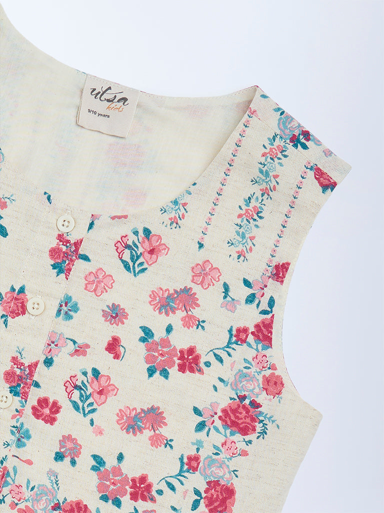 Utsa Kids Off-White Floral Cotton-Blend Waistcoat - (8-14 yrs)