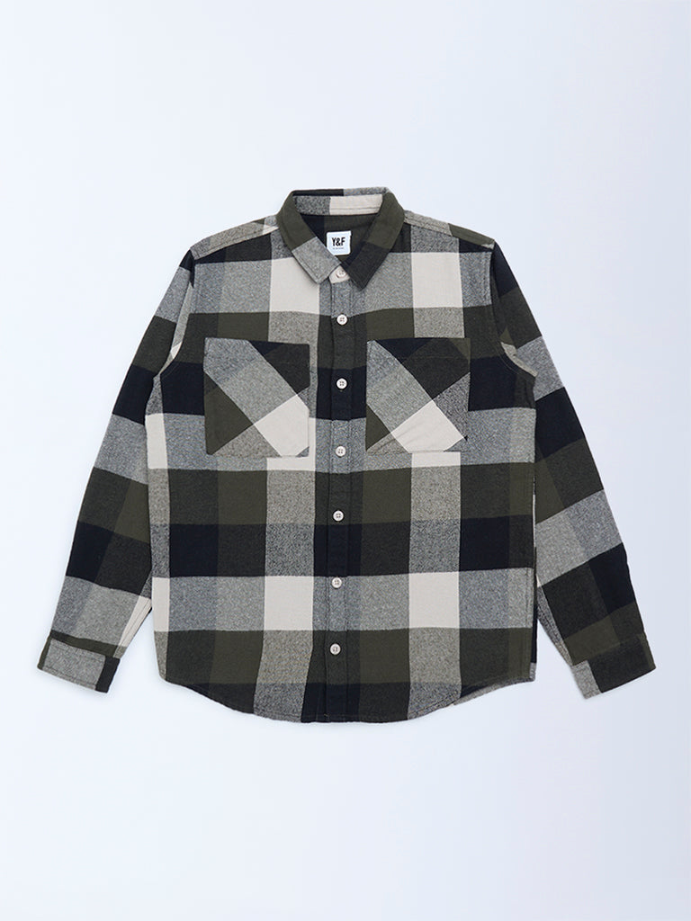 Y&F Kids Olive Checks Design Cotton Shirt