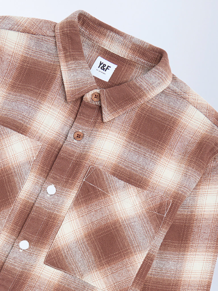 Y&F Kids Brown Checkered Cotton Shirt