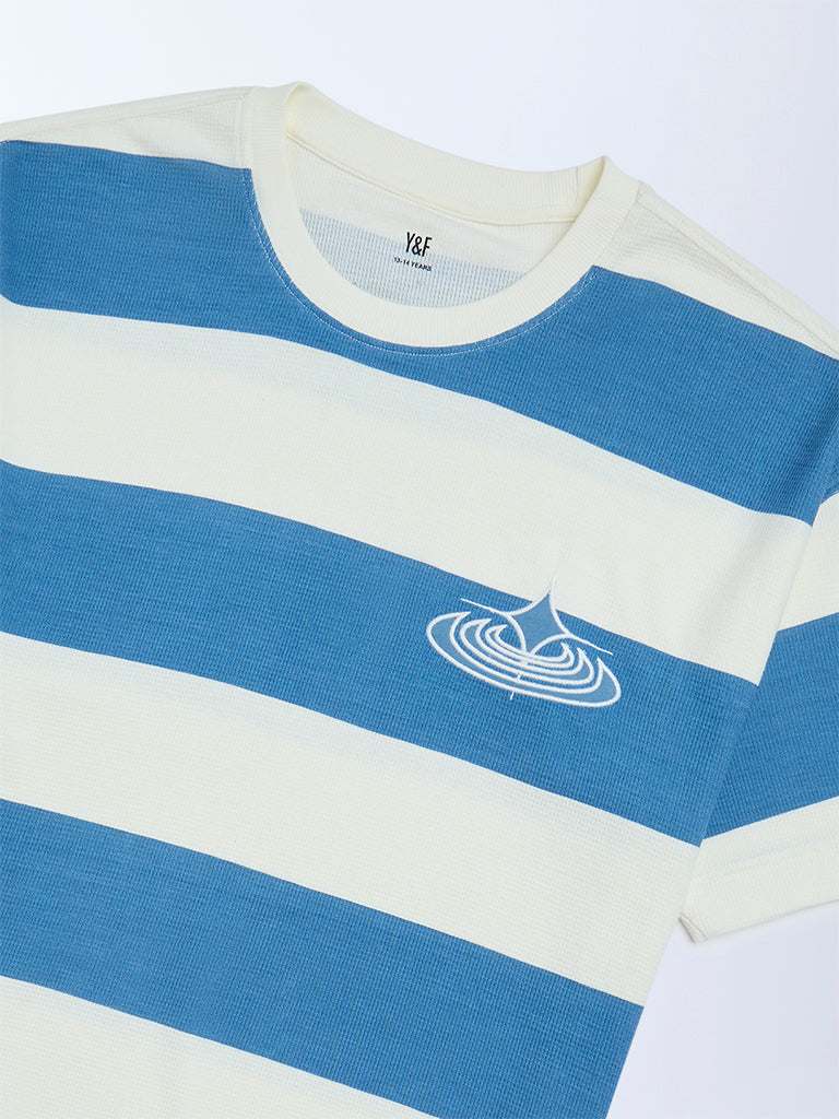 Y&F Kids Blue Striped Cotton T-Shirt