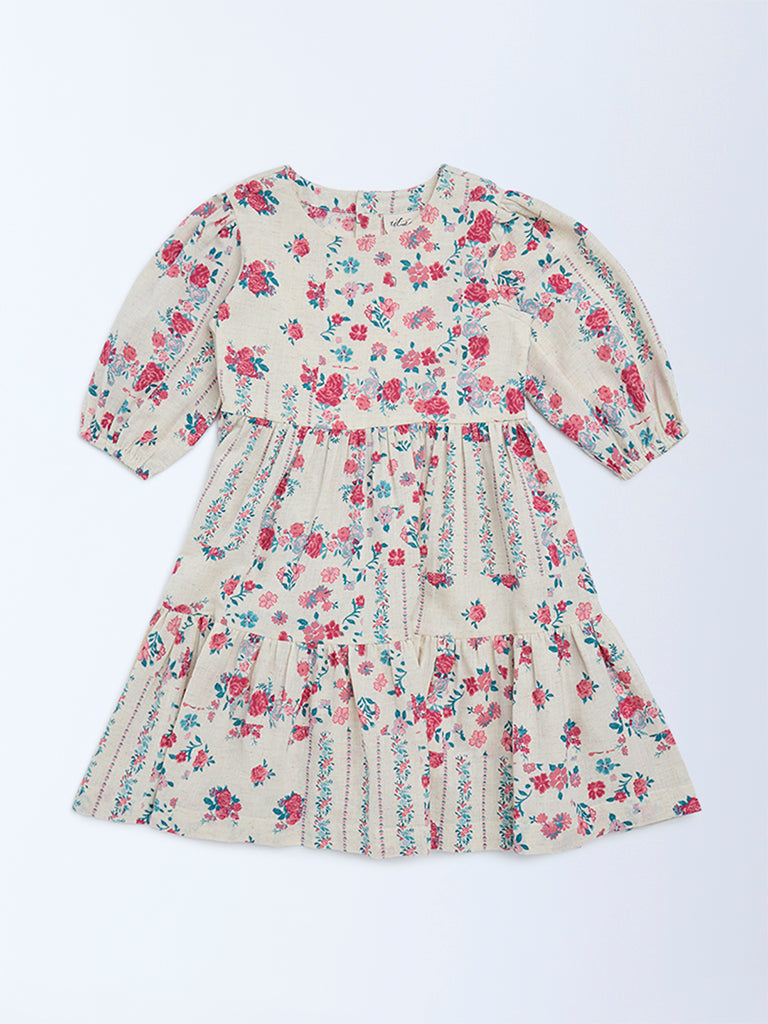 Utsa Kids Off-White Floral Cotton-Blend Tiered Dress - (2-8 yrs)