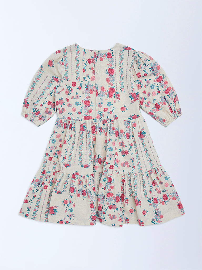 Utsa Kids Off-White Floral Cotton-Blend Tiered Dress - (2-8 yrs)