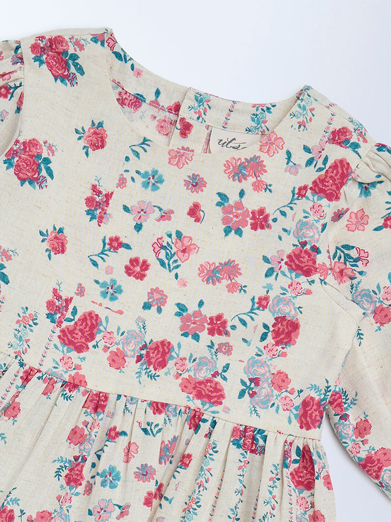 Utsa Kids Off-White Floral Cotton-Blend Tiered Dress - (2-8 yrs)