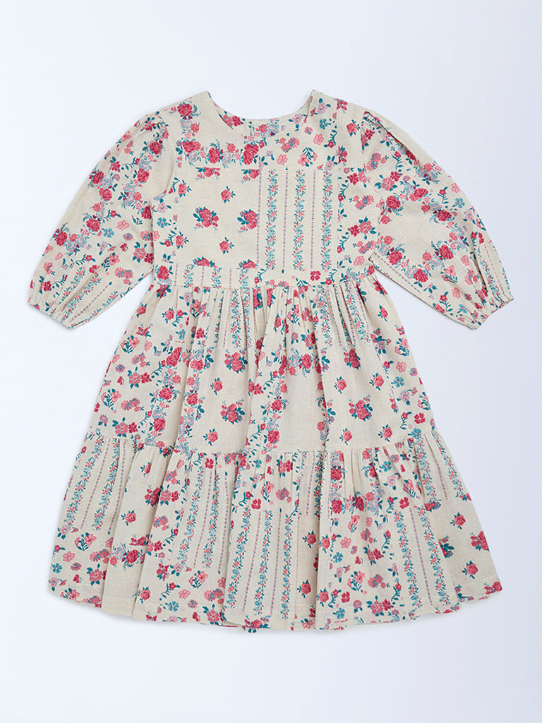 Utsa Kids Off-White Floral Cotton-Blend Tiered Dress - (8-14 yrs)