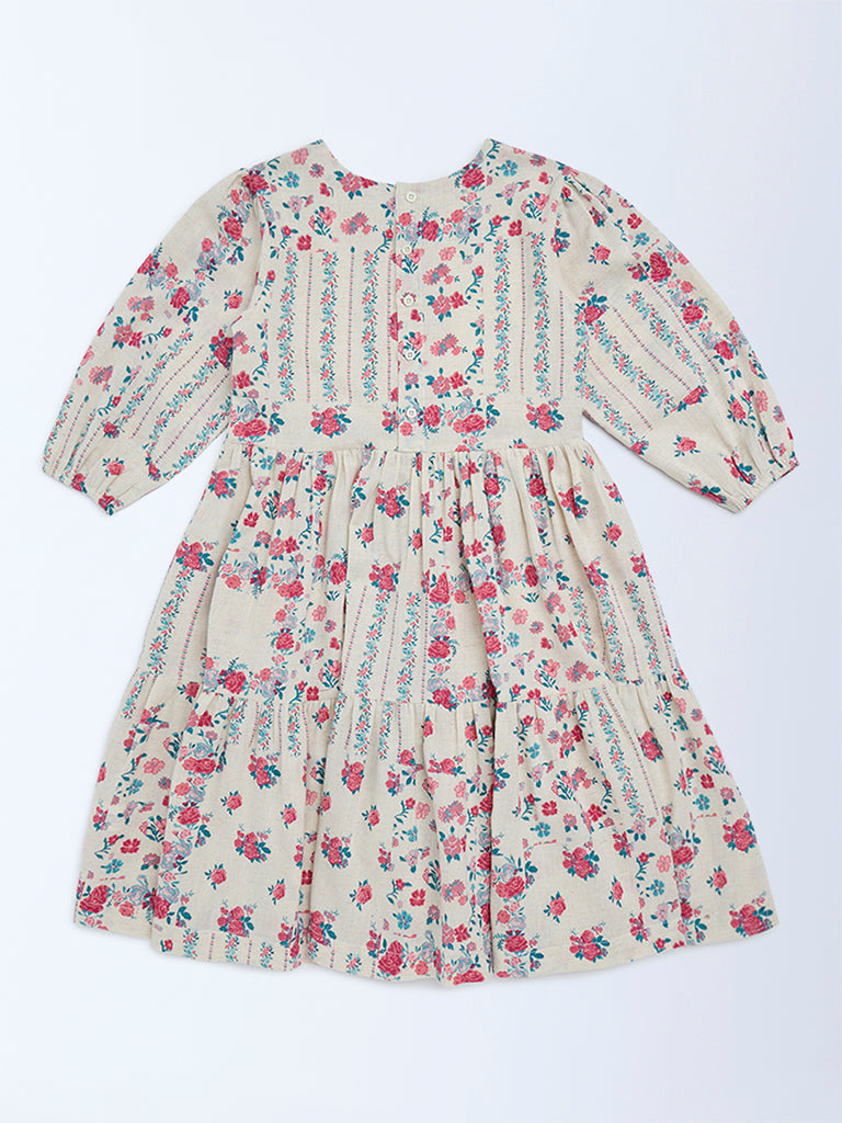 Utsa Kids Off-White Floral Cotton-Blend Tiered Dress - (8-14 yrs)