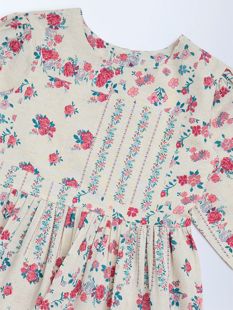 Utsa Kids Off-White Floral Cotton-Blend Tiered Dress - (8-14 yrs)