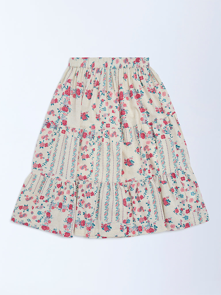 Utsa Kids Off-White Floral Pattern Cotton-Blend Tiered Skirt - (8-14 yrs)