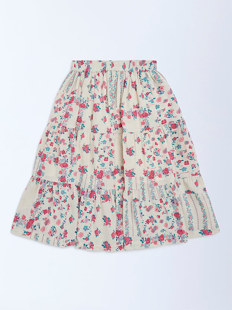 Utsa Kids Off-White Floral Pattern Cotton-Blend Tiered Skirt - (8-14 yrs)