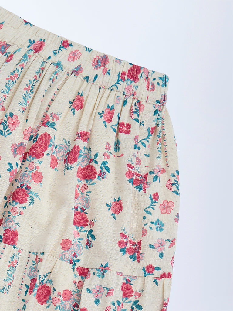 Utsa Kids Off-White Floral Pattern Cotton-Blend Tiered Skirt - (8-14 yrs)