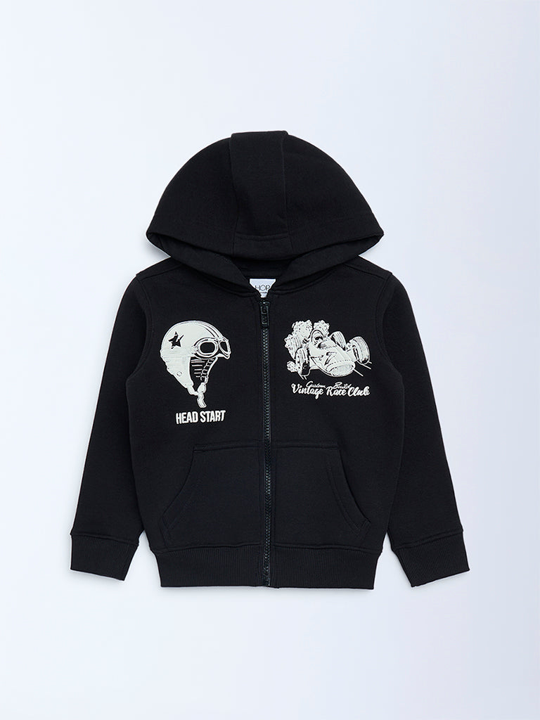 HOP Kids Black Printed Cotton-Blend Hooded Jacket