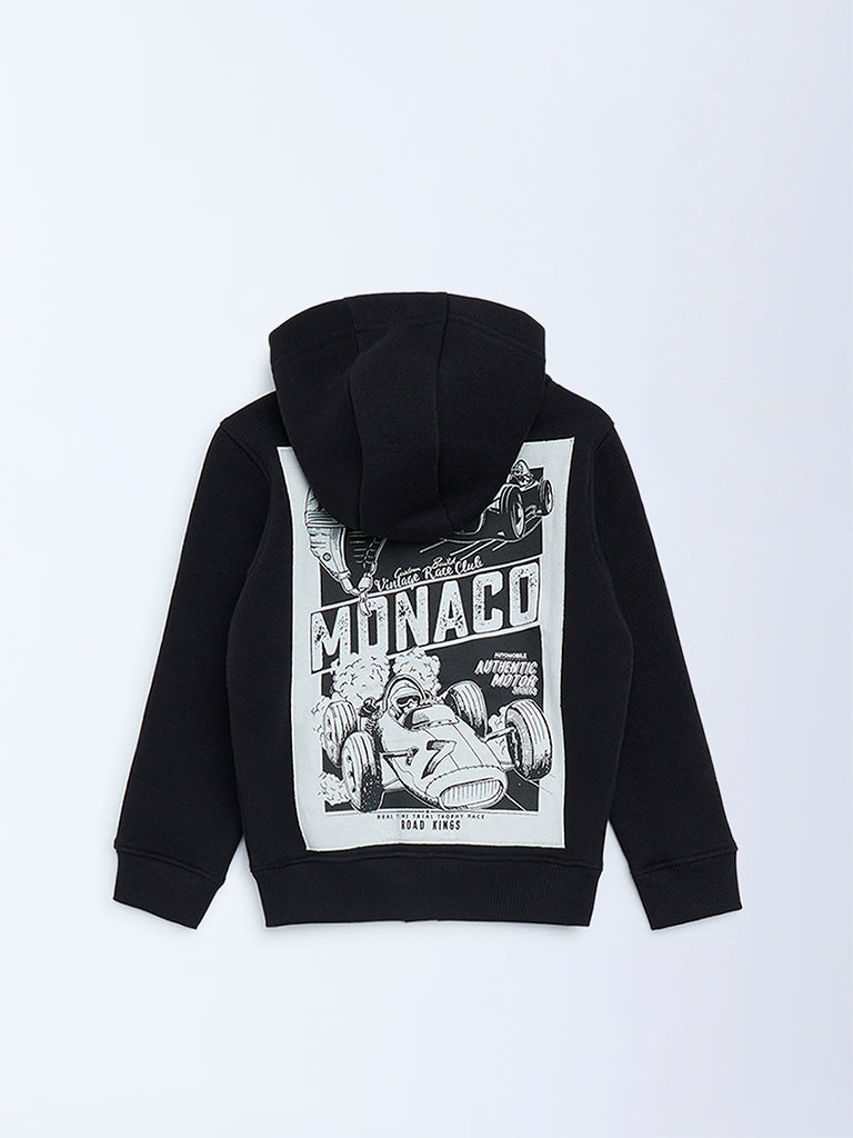 HOP Kids Black Printed Cotton-Blend Hooded Jacket