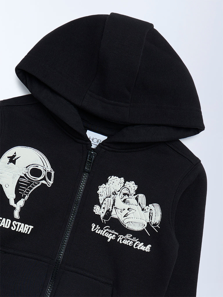 HOP Kids Black Printed Cotton-Blend Hooded Jacket