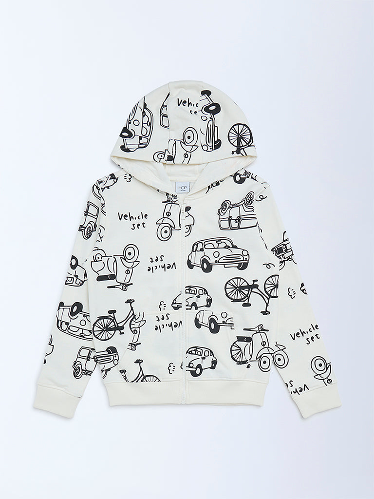 HOP Kids White Printed Cotton-Blend Hooded Jacket