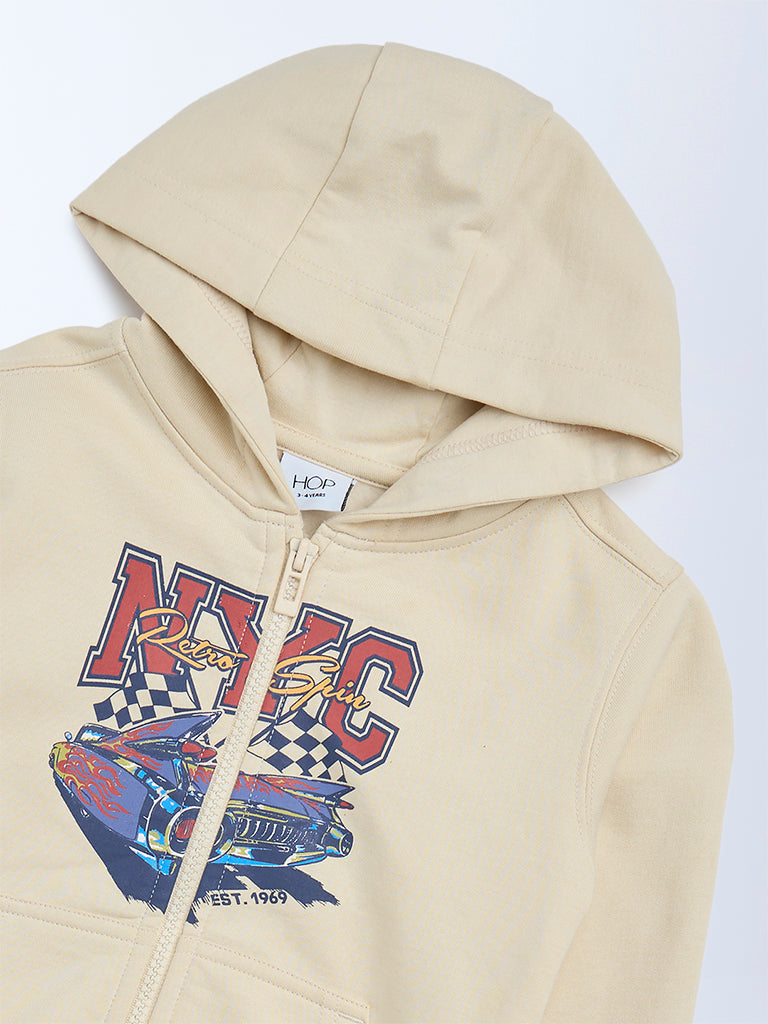 HOP Kids Beige Printed Cotton-Blend Hooded Jacket