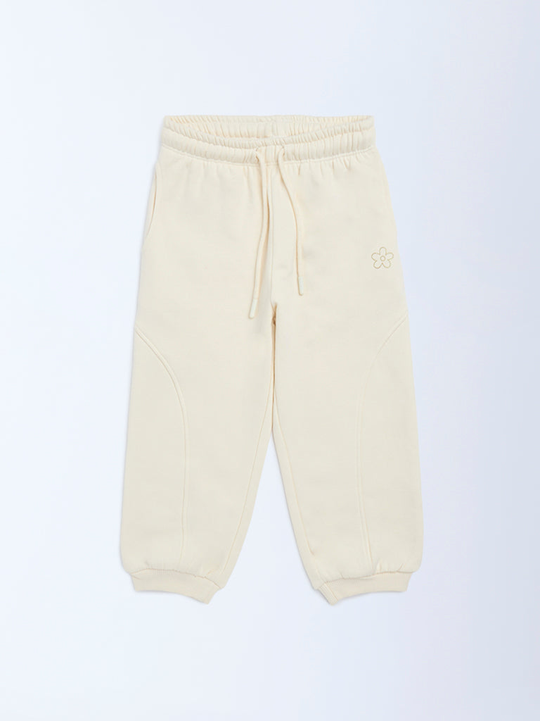 HOP Kids Beige Solid High-Rise Cotton-Blend Joggers
