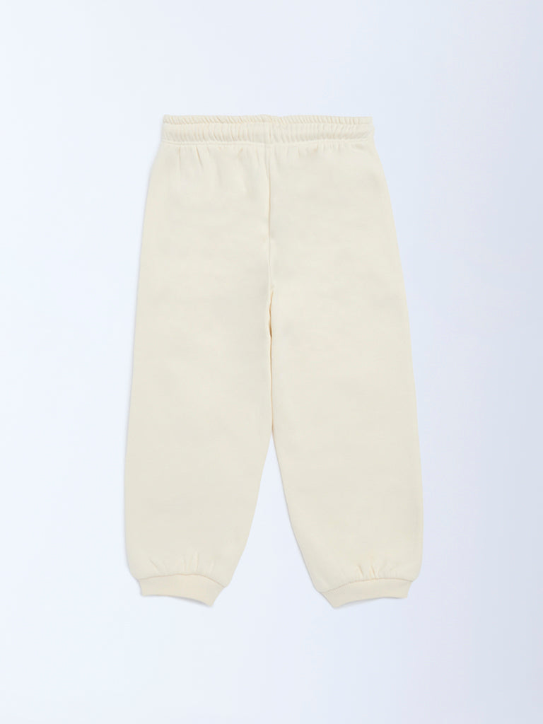HOP Kids Beige Solid High-Rise Cotton-Blend Joggers