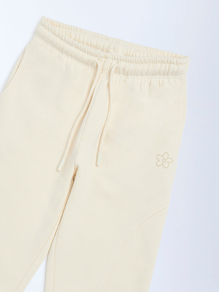 HOP Kids Beige Solid High-Rise Cotton-Blend Joggers