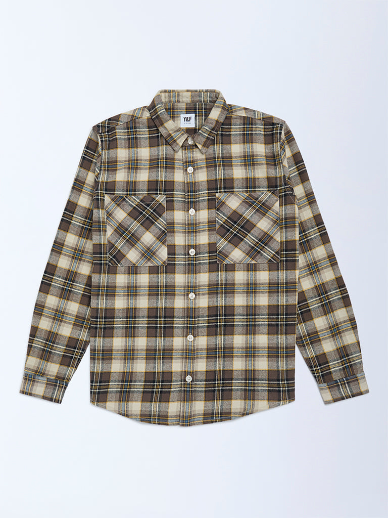 Y&F Kids Brown Checkered Cotton Shirt